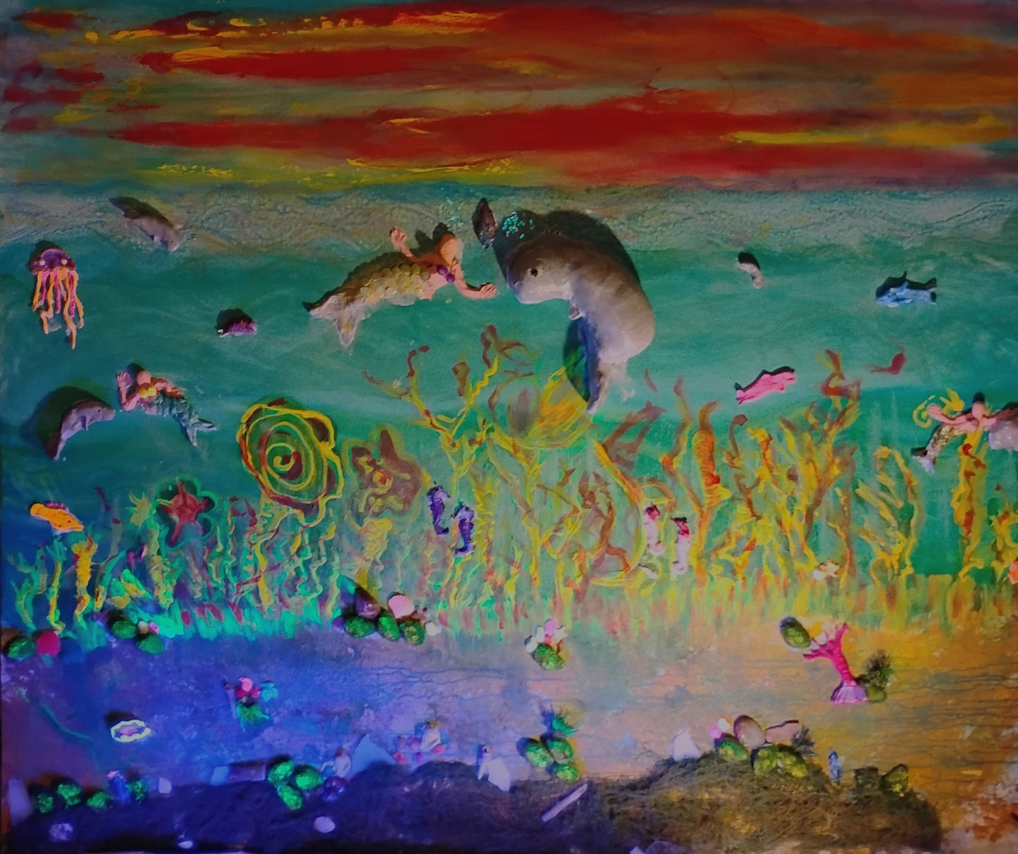 Mermaids and Manatees Mosaic Original Fine Art Relief Painting