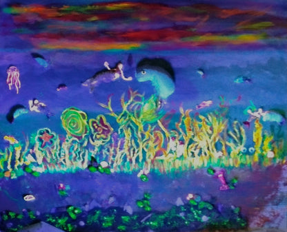 Mermaids and Manatees Mosaic Original Fine Art Relief Painting