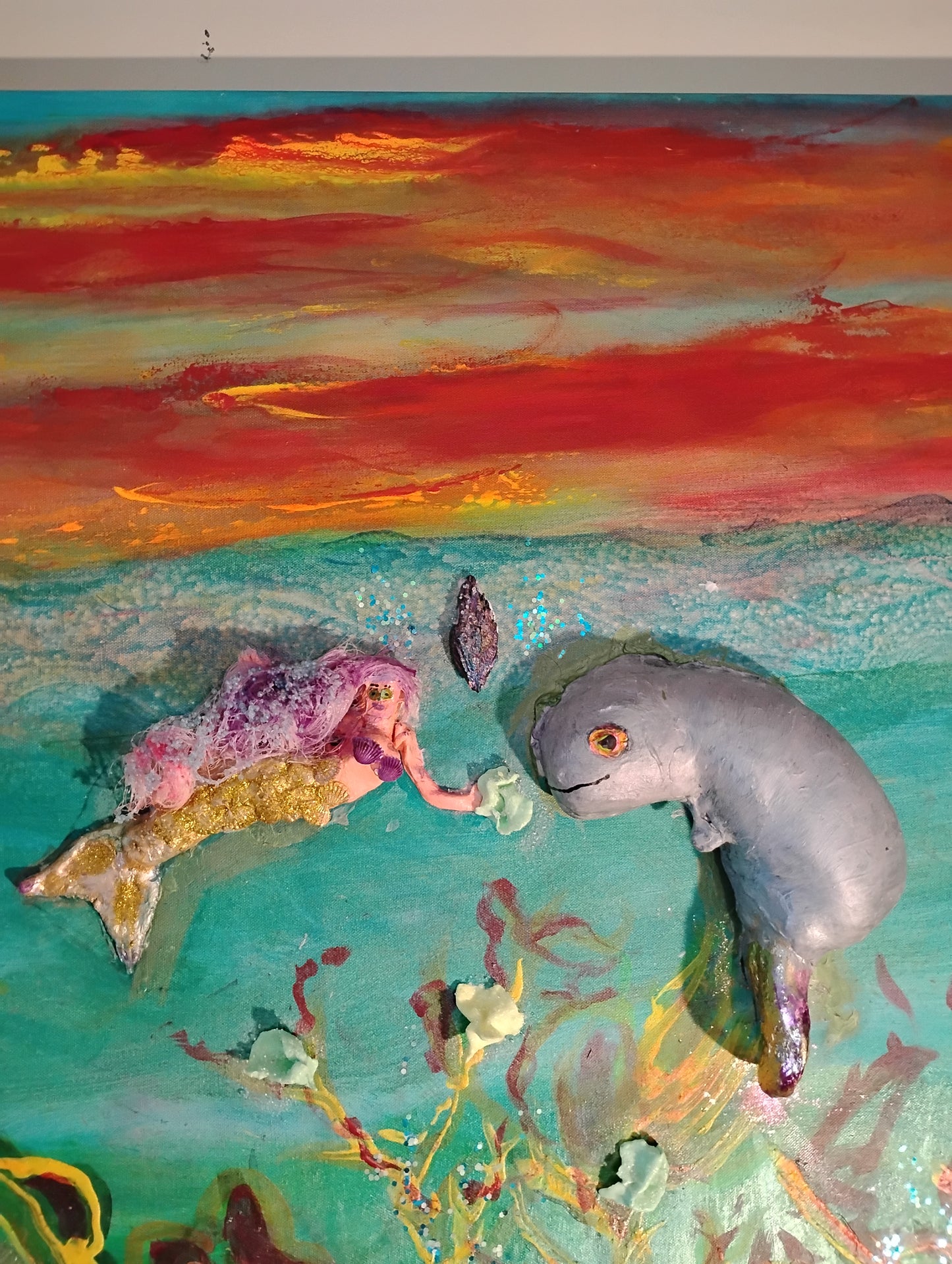 Mermaids and Manatees Mosaic Original Fine Art Relief Painting