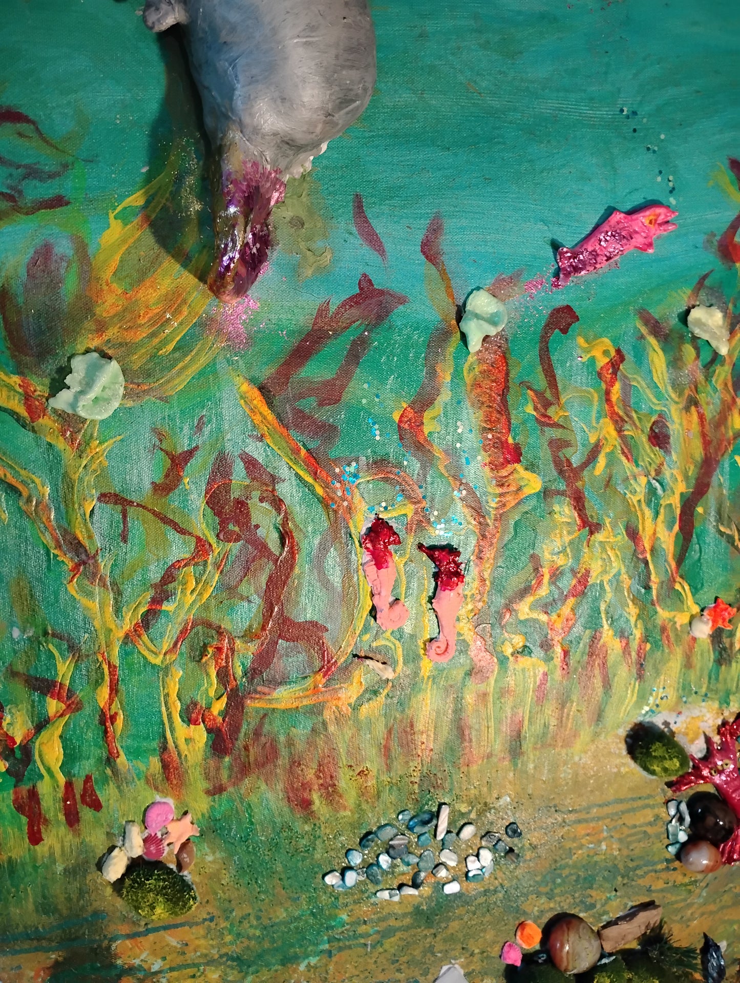 Mermaids and Manatees Mosaic Original Fine Art Relief Painting