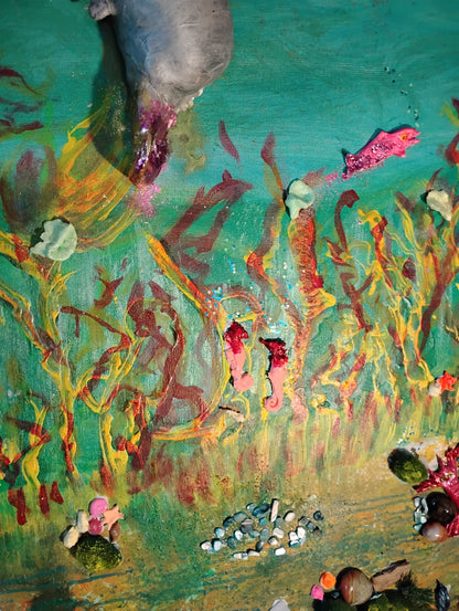 Mermaids and Manatees Mosaic Original Fine Art Relief Painting