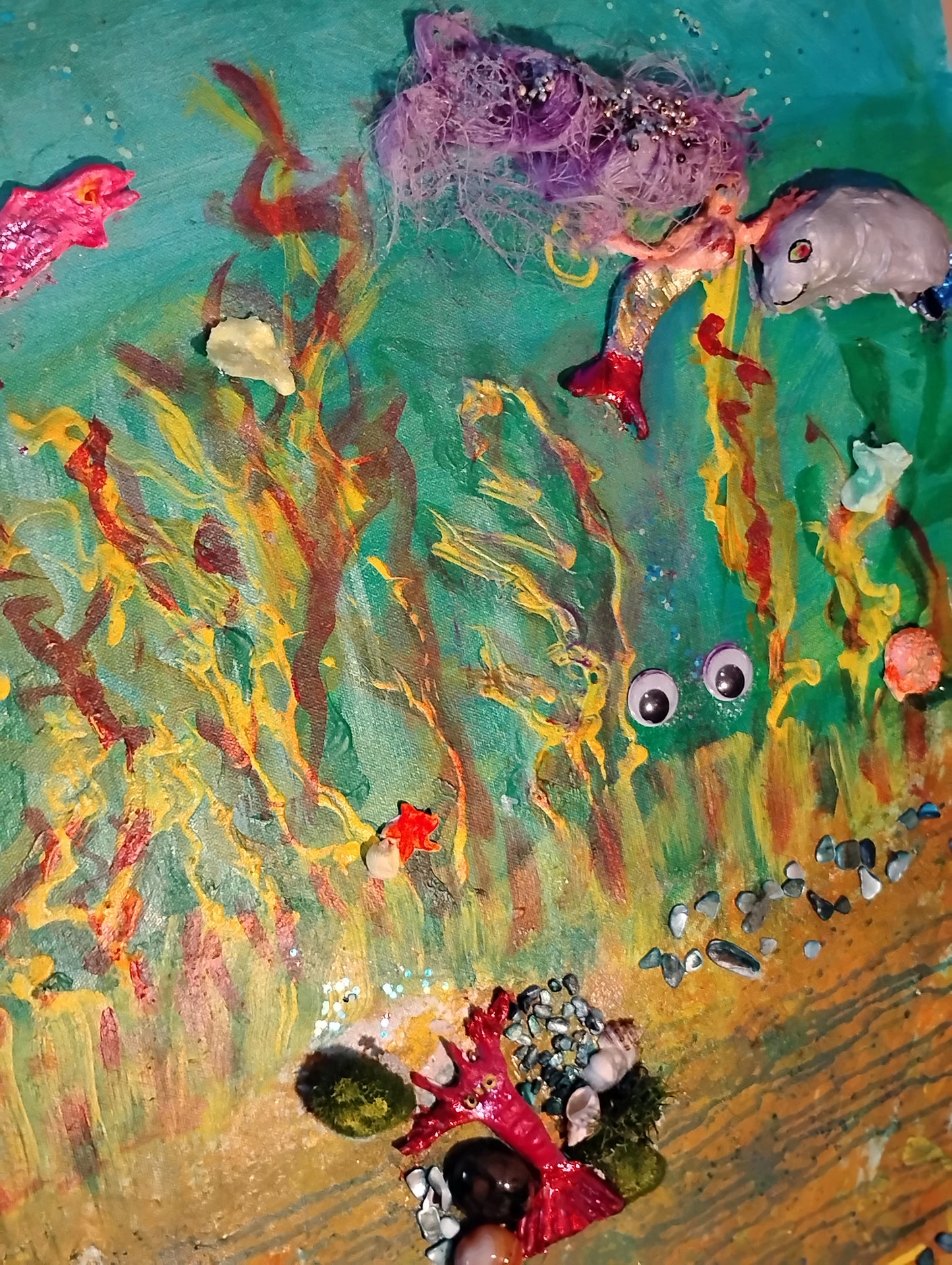 Mermaids and Manatees Mosaic Original Fine Art Relief Painting